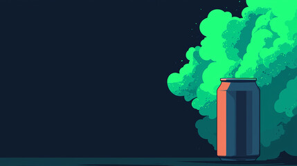 Sweetener damage concept. Soda can emitting green fumes, dangerous allure in dark setting