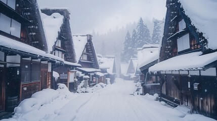Fototapeta premium Snowy Village Street in Japan