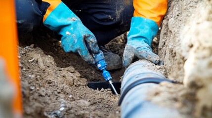 A close-up shot of a plumber repairing underground water pipes in a city infrastructure project, City pipe repair scene, Practical and precise style