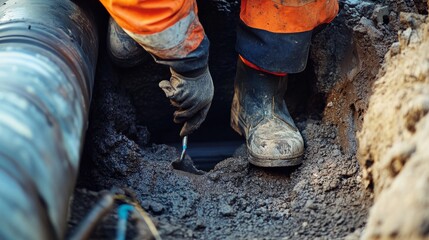 A close-up shot of a plumber repairing underground water pipes in a city infrastructure project, Municipal pipe repair scene, Practical and precise style