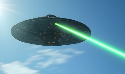 Obraz premium ufo shooting green laser beam, Generative AI