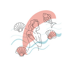 Fototapeta premium Hand Drawn Mermaid Woman One Line Art Illustration