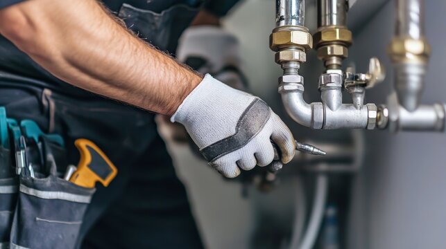 A close-up shot of a plumber repairing water pipes in a residential renovation project, Plumbing repair scene, Practical and precise style
