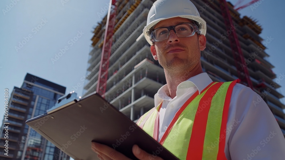 Poster a close-up shot of a site supervisor in a white hard hat and safety vest, holding a clipboard and lo