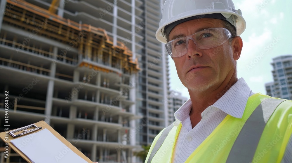 Poster a close-up shot of a site supervisor in a white hard hat and safety vest, holding a clipboard and lo