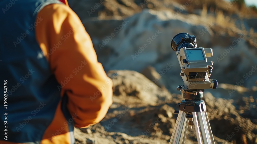 Poster a close-up shot of a surveyor using a theodolite to measure elevations on a land surveying project, 