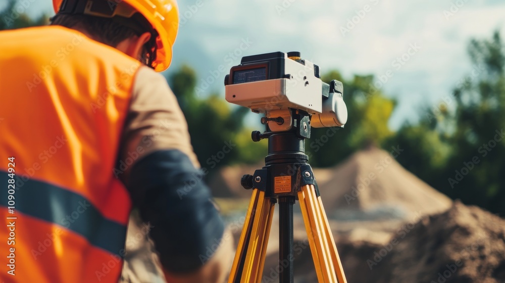 Poster a close-up shot of a surveyor using a theodolite to measure elevations on a land surveying project, 