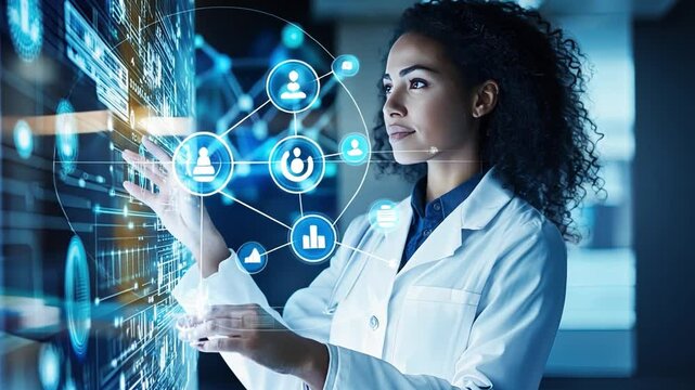 The Future of Healthcare: A confident female scientist interacts with a futuristic digital interface, showcasing the innovative and transformative potential of technology in medicine.   - Powered by Adobe