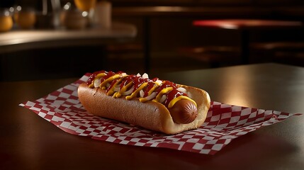 A delicious hot dog topped with mustard and ketchup, resting on a red and white checkered paper, set against a warm, inviting background.