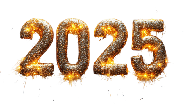 Happy New Year, golden shiny, burning numbers 2025 close up, created with Generative AI technology, PNG