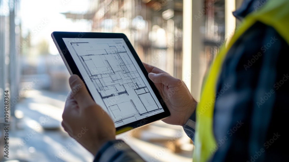 Poster a close-up shot of an architect reviewing building plans on a tablet at a construction site, archite