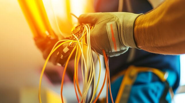 A close-up shot of an electrician installing electrical wiring in a newly constructed office building, Electrical installation scene, Technical and focused style