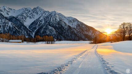 Serene Winter Wonderland: Majestic Mountains and Snowy Valley Panorama