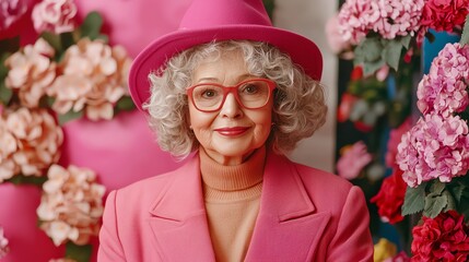 A cheerful elderly woman in vibrant pink attire smiling against floral backdrop.