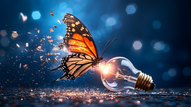 bulb breaking open to release a glowing butterfly, symbolizing transformative and innovative thinking