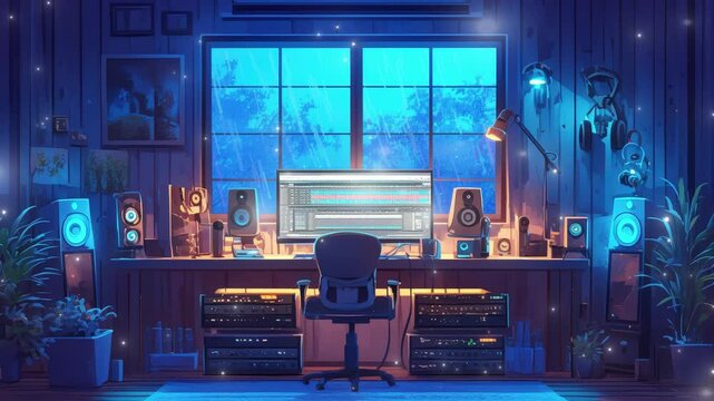 Creative workspace glowing with blue lights and rain outside during a tranquil evening stream overlay seamless loop Vtuber streamer asset twitch zoom OBS screen animated wallpaper virtual background