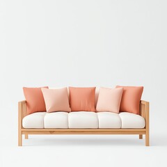 Fototapeta premium Modern living room sofa with plush cushions in soft colors, perfect for relaxation and stylish interior design.