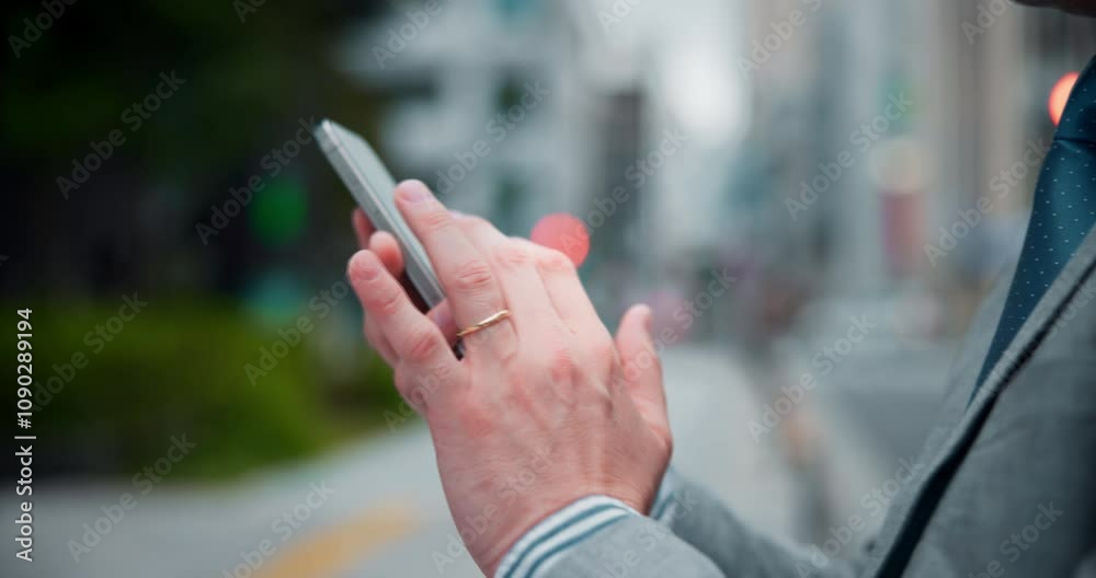 Poster businessman, hands and mobile with communication in city for research and website with email. real e