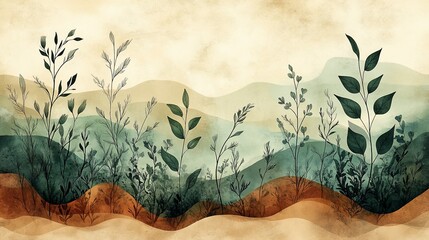 A serene illustration of stylized plants and waves in earthy tones, evoking nature's tranquility.