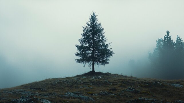 A lone tree stands on a foggy hillside surrounded by misty pines.