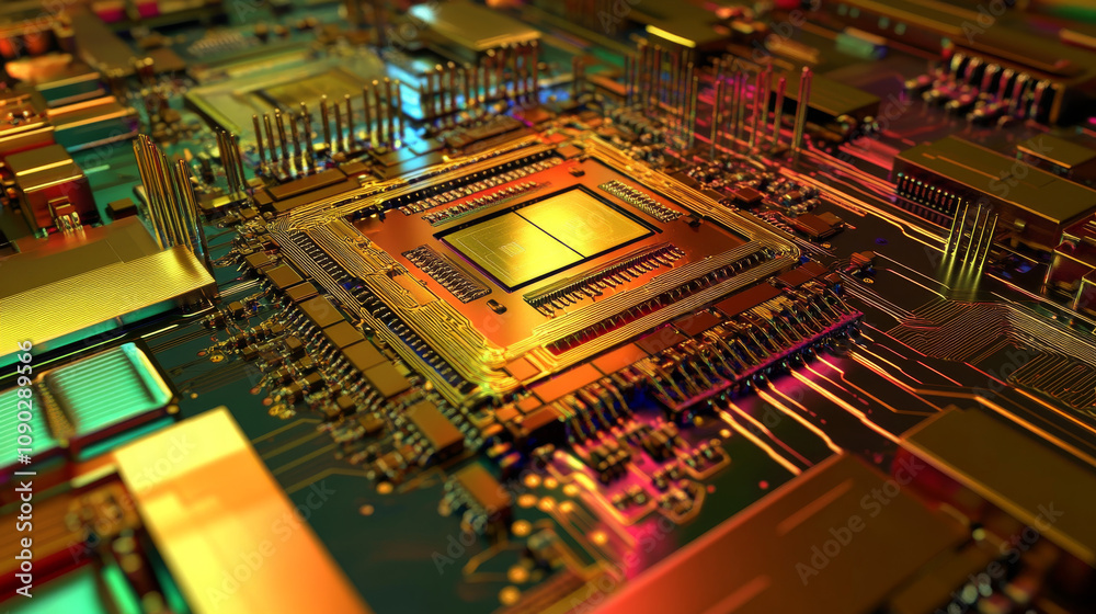 Poster a computer chip processes lots of data using artificial intelligence. this 3d image shows how data f