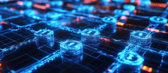 Obraz premium 3D render of blockchain technology with interconnected digital blocks, 