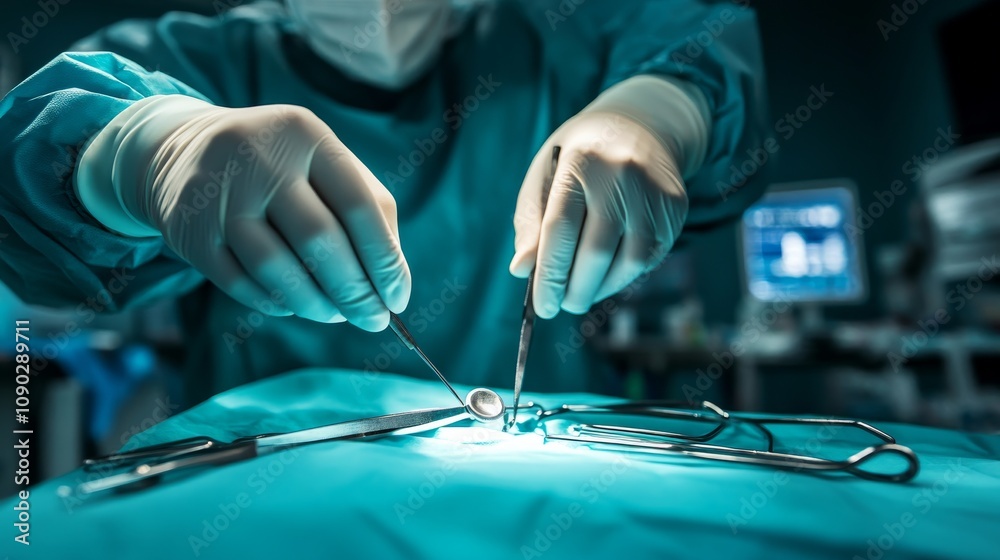 Poster a close-up view of a surgeon performing a delicate operation, with surgical tools and monitors in th
