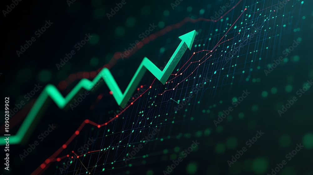 Poster dynamic green arrow representing financial growth and trends over a dark background with abstract da