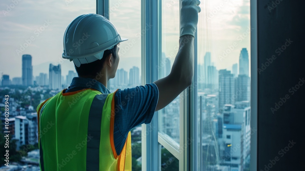 Poster A close-up view of a window fitter in a hard hat and safety vest, adjusting a large window pane with a city skyline in the background, Window installation scene