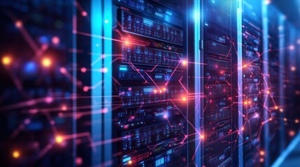 Obraz premium A conceptual futuristic server farm powered by blockchain technology, with illuminated data servers,