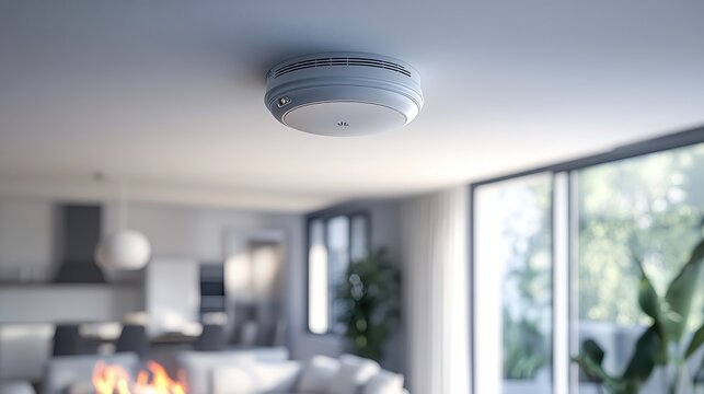 Modern home smoke detector installed. Ensures home safety by detecting fires early.