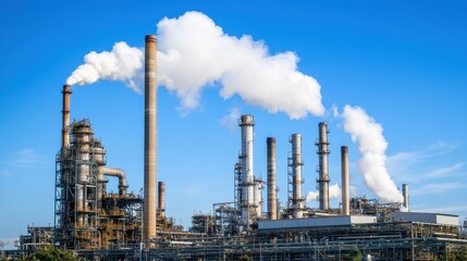 Obraz premium Industrial complex with smokestacks emitting steam against a clear blue sky.