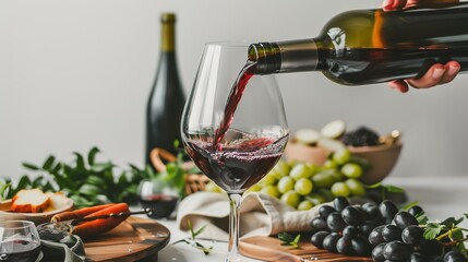 Obraz premium Pouring Red Wine into a Transparent Glass on White Background - A Captivating Moment of Elegance. The Rich Red Wine Cascading into the Glass, Its Color Standing Out Against the Purity of White. 
