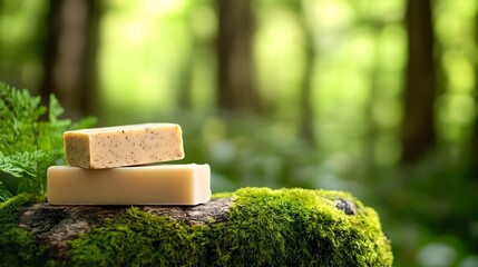 A serene view of natural soap bars resting on moss-covered wood, surrounded by lush greenery in a peaceful forest setting.