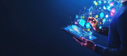 A businessman is using a tablet with digital icons for the concept of business growth and online marketing, isolated on a dark blue background.