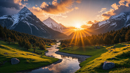 Obraz premium A serene river flows through a lush valley with pine trees, under a dramatic sunset sky. Snow-capped mountains rise in the background, bathed in warm golden light.