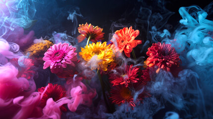 A bright bouquet of chrysanthemums is surrounded by blue-pink smoke. Mystical floral background. The concept of the postcard for March 8 is women's Day. A symbol of love and beauty