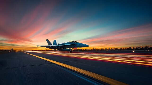 Stunning Fighter Jet at Sunset on Runway with Colorful Skies and Motion Blur Creates an Enthralling Aviation Scene for Dynamic Stock Photography Needs