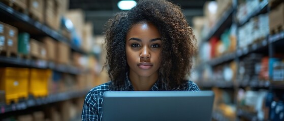 A woman working on a laptop in a warehouse setting, focused and engaged.