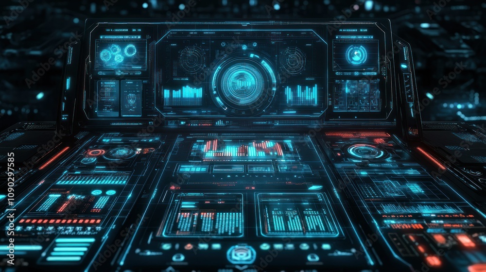 Aufkleber Futuristic control panel with glowing interface and data visualizations.