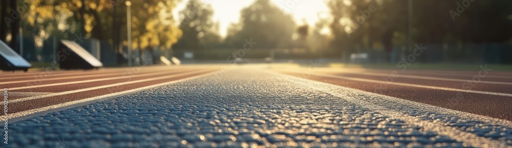 Poster A close-up view of a running track with warm sunlight illuminating the scene.
