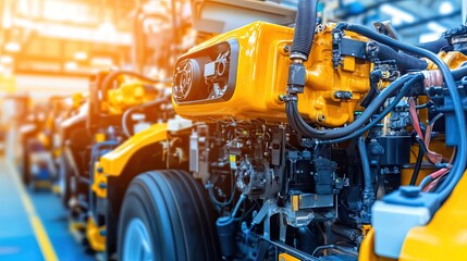 Obraz premium Close-Up View of a Brightly Colored Engine in an Automotive Manufacturing Facility with Industrial Equipment and Machinery in Background