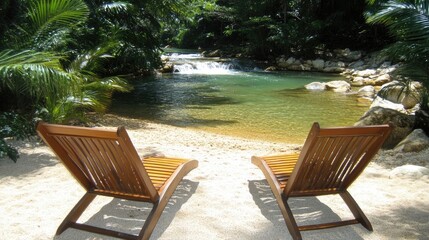 Obraz premium Tranquil Tropical Paradise with Wooden Lounge Chairs by Serene Stream Surrounded by Lush Greenery and Refreshing Waters in a Natural Setting