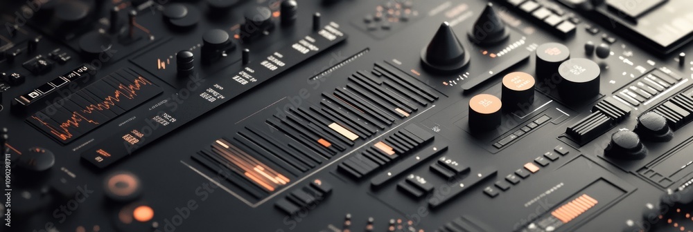 Aufkleber Close-up of a sleek audio mixing console with various controls and visual displays.