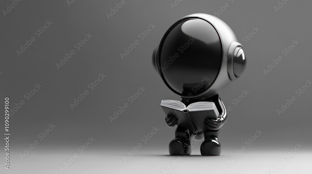 Poster a small, glossy robot figure reading a book against a minimalist gray background.