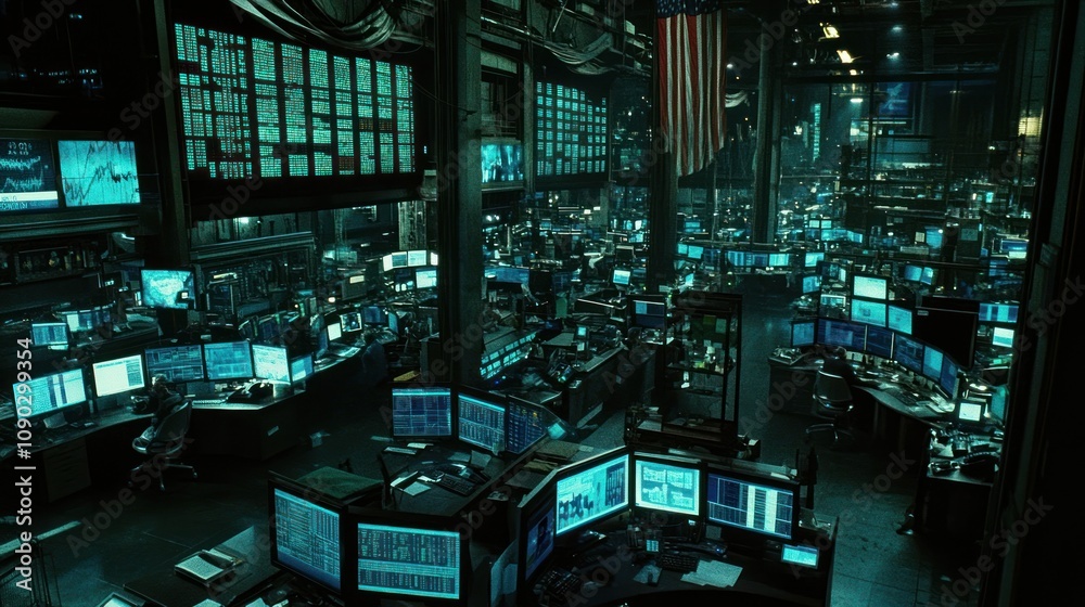 Poster a high-tech control room filled with monitors and data displays, suggesting surveillance or analysis