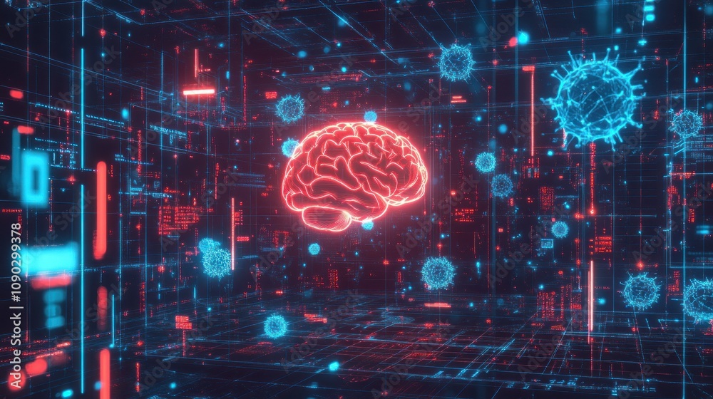Leinwandbilder a digital representation of a brain surrounded by virus-like structures in a futuristic setting.