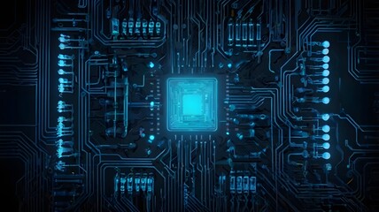 Fototapeta premium High-Tech Digital Circuit Board with Illuminated Processor Core Showcasing Advanced Electronics and Futuristic Technology Design