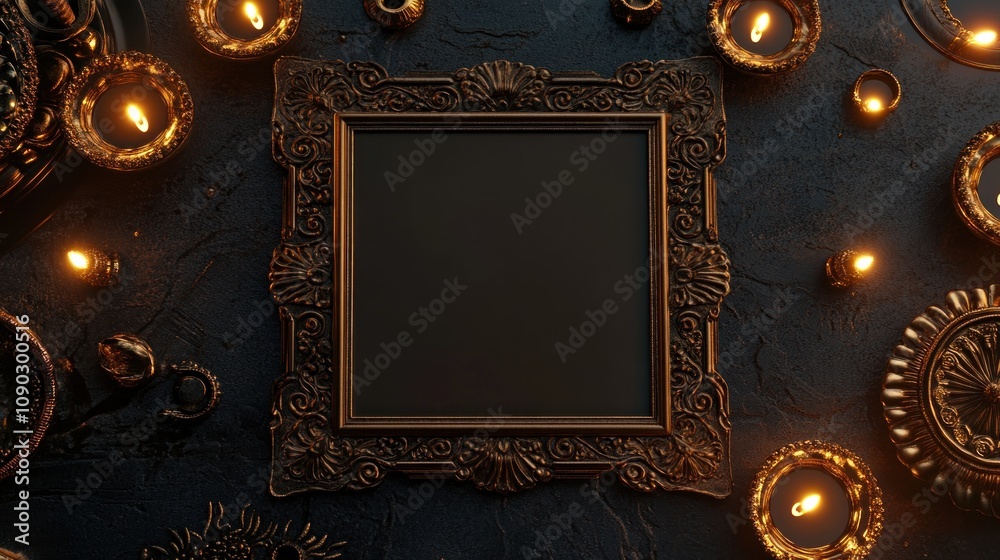 Poster an ornate empty frame surrounded by candles on a textured surface.