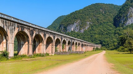 Fototapeta premium Scenic View of an Old Aqueduct with Arched Supports Surrounded by Lush Green Hills and a Peaceful Dirt Road on a Bright Sunny Day